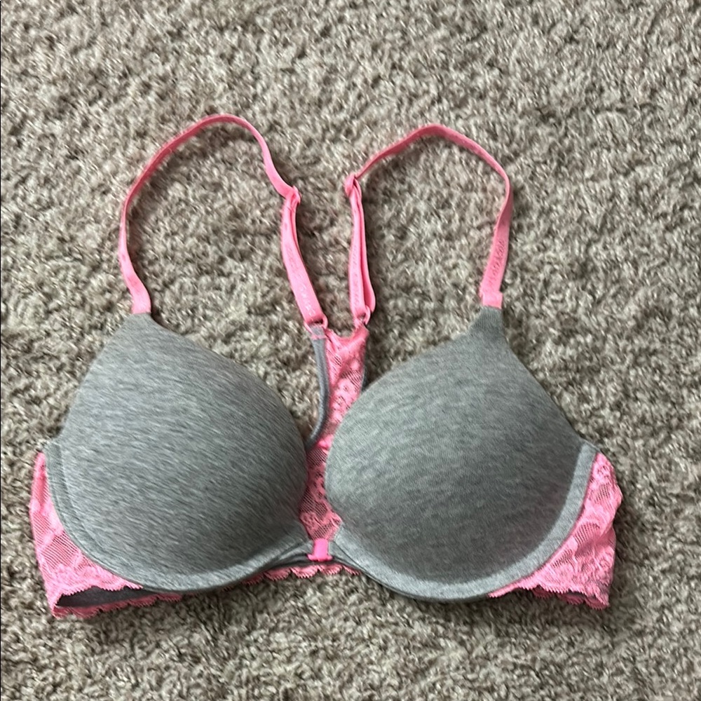Victoria’s Secret front clasp push up bra pink lace grey size 34B
